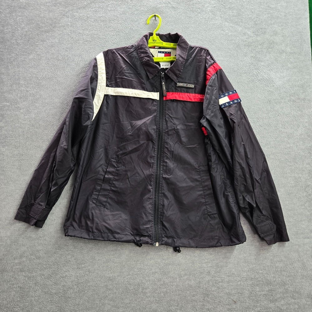 VINTAGE Tommy Jeans Men Jacket Large Black Windbreaker Colorblock Collar READ